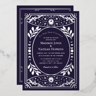 Tarjeta de boda gótica vintage plateada y púrpura
