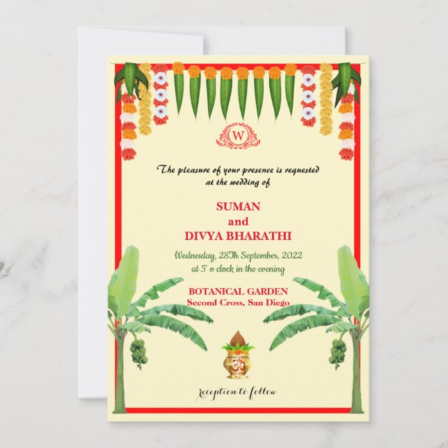 Tarjeta de boda india simple de plátano con guirna (Anverso)