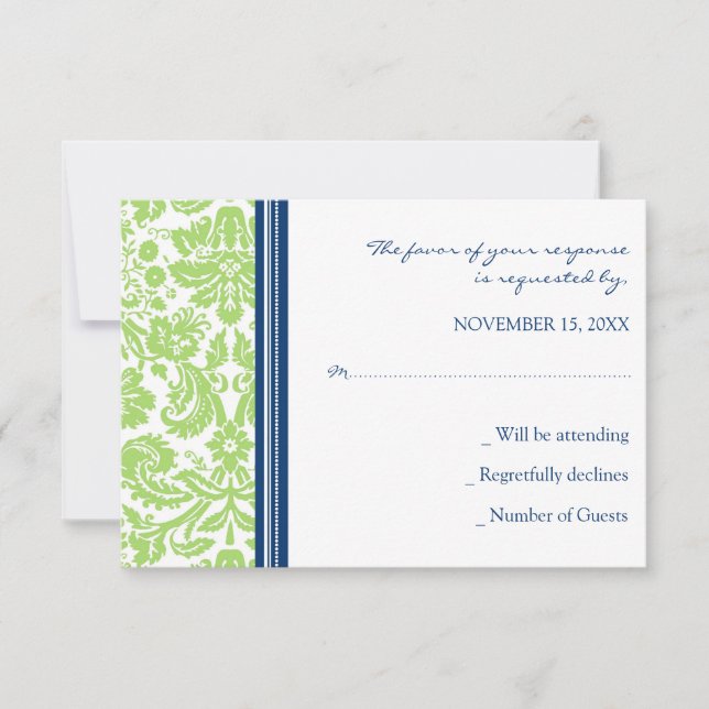 Tarjeta de Boda Lime Blue Damask RSVP (Anverso)