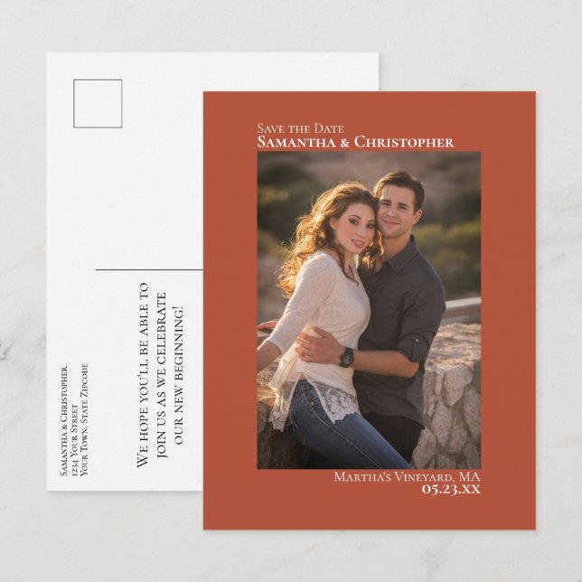 Tarjeta de boda minimalista de terracota para guar (Anverso / Reverso)
