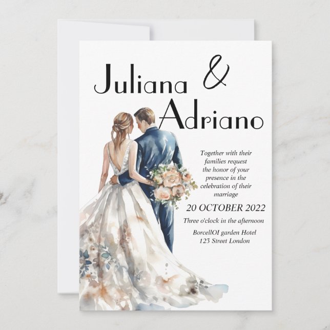 Tarjeta de boda moderna acuarela novia novio linda (Anverso)