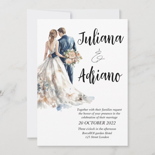 Tarjeta de boda moderna acuarela novia novio linda (Anverso)