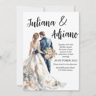 Tarjeta de boda moderna acuarela novia novio linda