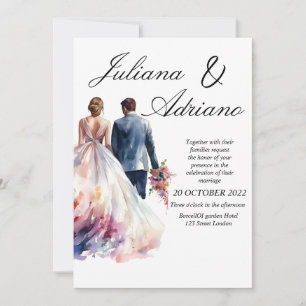 Tarjeta de boda moderna acuarela novia novio linda