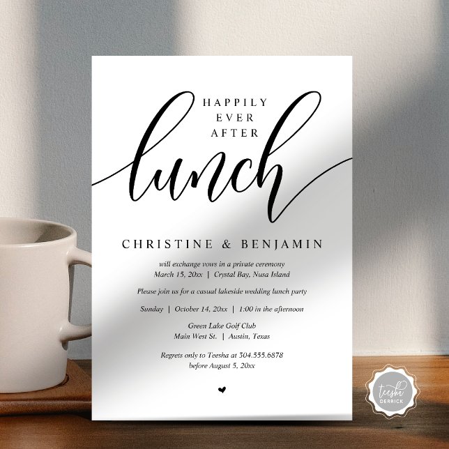 Tarjeta de boda moderna, Anuncio de fuga, Tarjeta  (Happily Ever After Lunch Party, Modern Script Invitation card, Printed and or digital download)