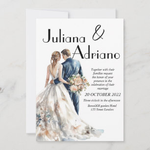 Tarjeta de boda moderna con novios adorables acuar
