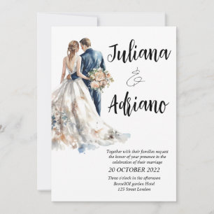 Tarjeta de boda moderna con novios adorables acuar