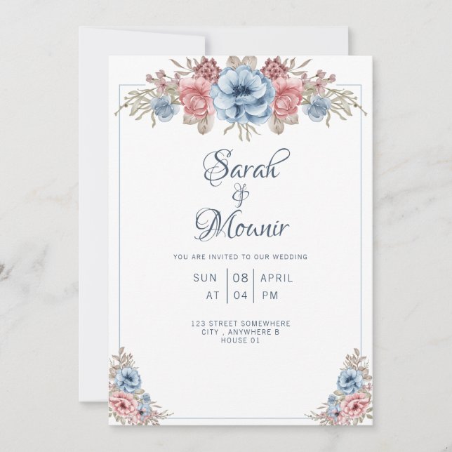 Tarjeta de boda moderna con rosas de acuarela azul (Anverso)