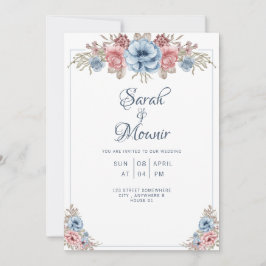 Tarjeta de boda moderna con rosas de acuarela azul
