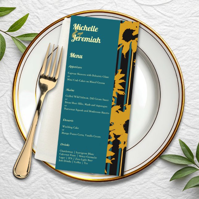 Tarjeta de Boda Moderna de Girasol Azul Teal y Oro (Subido por el creador)