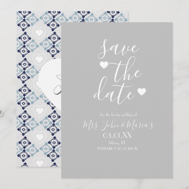 Tarjeta de boda moderna mediterránea con azulejo c (Anverso / Reverso)
