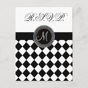 Tarjeta de Boda Monograma Blanco y Negro RSVP