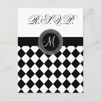 Tarjeta de Boda Monograma Blanco y Negro RSVP