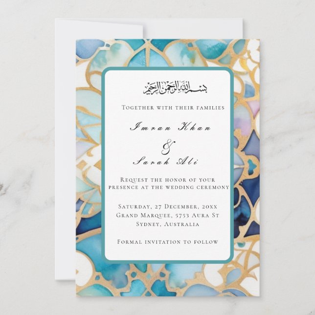 Tarjeta de boda musulmana turquesa antigua arabesc (Anverso)