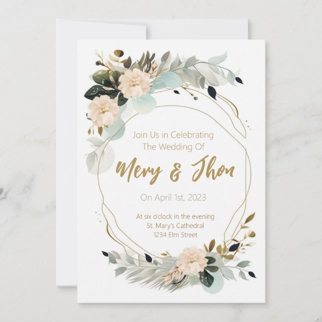 Tarjeta de Boda Neutral Elegante de Floral Dorada (Anverso)