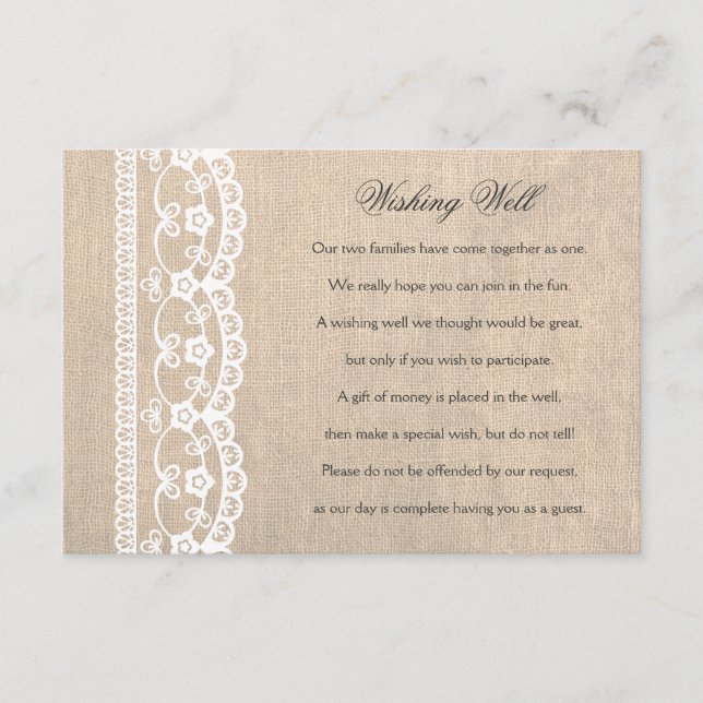 Tarjeta de Boda para el Descanso de Lace y Burlap  (Anverso)