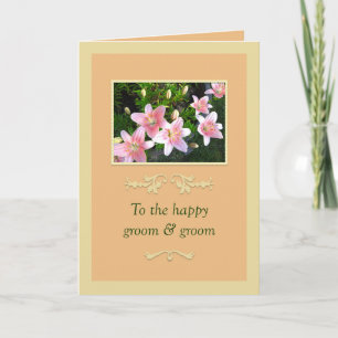 Tarjeta de boda para novios con lirios rosados