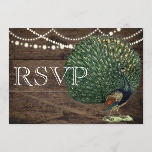 Tarjeta de Boda Pavo Real Pluma Verde Madera Rústi