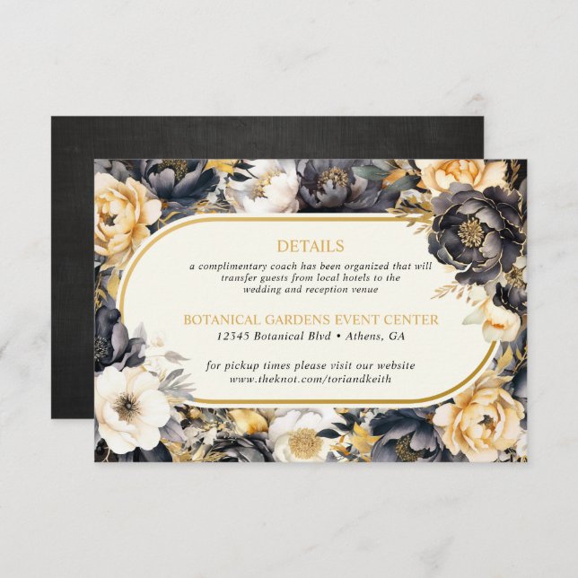 Tarjeta de Boda Peonies Black White & Gold (Anverso / Reverso)