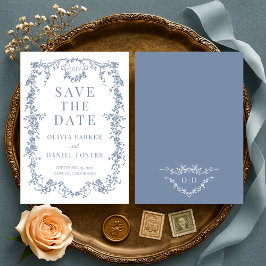 Tarjeta de boda polvorienta azul francés victorian