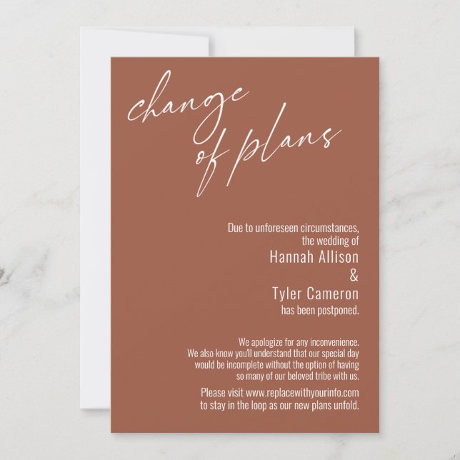 Tarjeta de Boda Pospuesta Cambio de Planes (Anverso)
