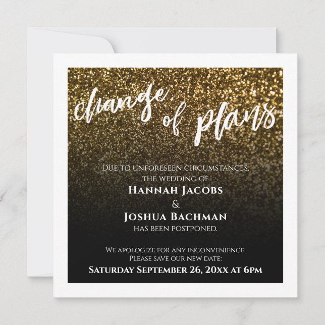 Tarjeta de Boda Pospuesta Cambio de Planes Dorado  (Anverso)