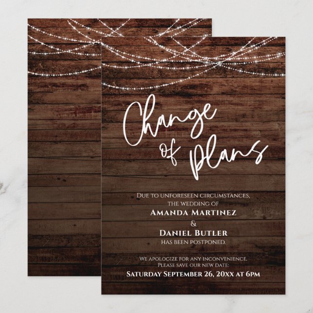 Tarjeta de Boda Pospuesta Cambio de Planes Luces d (Anverso / Reverso)