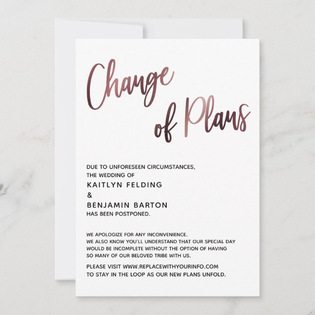 Tarjeta de Boda Pospuesta Cambio de Planes Rosa Do (Anverso)