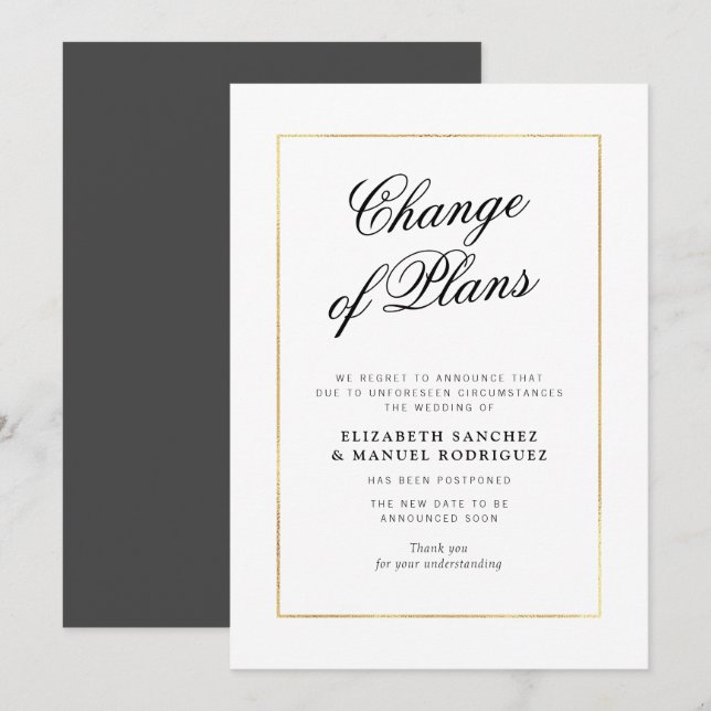 Tarjeta de boda pospuesta con elegante marco de or (Anverso / Reverso)