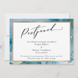 Tarjeta de boda pospuesta de tinta elegante azul v