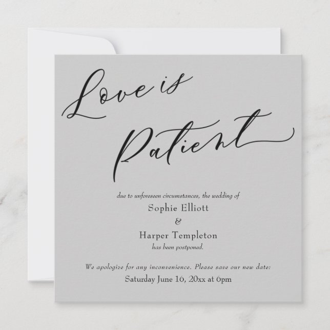 Tarjeta de boda pospuesta gris amor es paciente (Anverso)