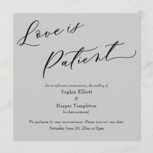 Tarjeta de boda pospuesta gris amor es paciente