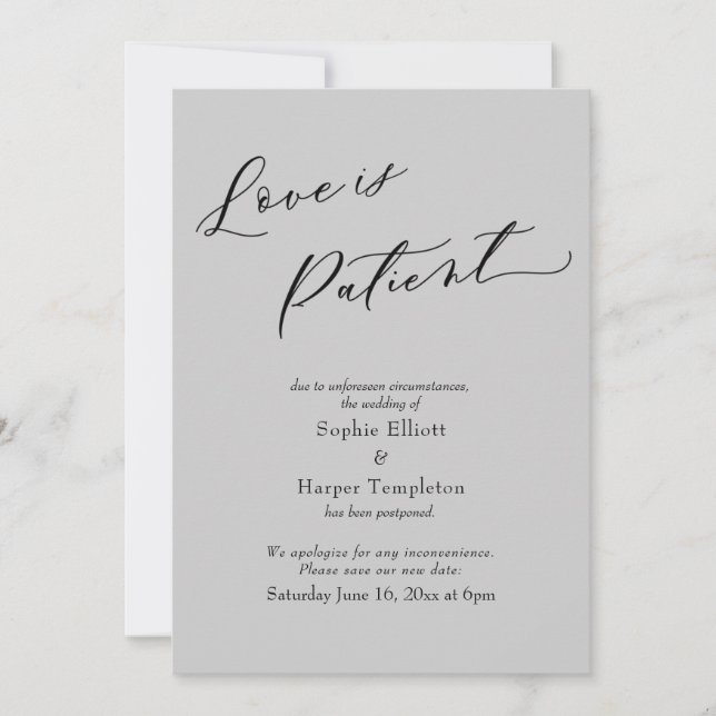 Tarjeta de boda pospuesta gris claro amor es pacie (Anverso)