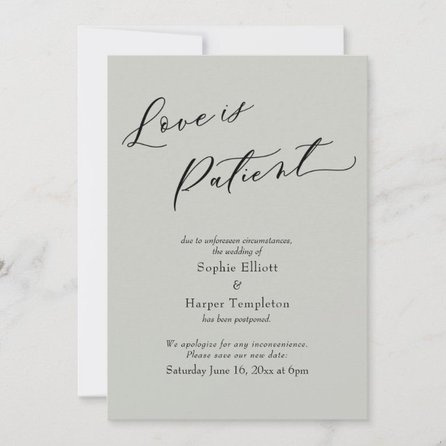Tarjeta de boda pospuesta Love is Patient Sage Gre (Anverso)