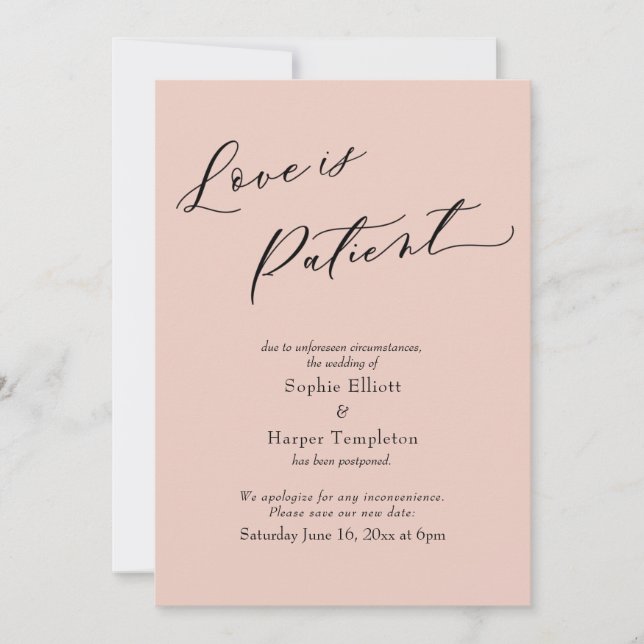 Tarjeta de boda pospuesta rosa suave es paciente e (Anverso)