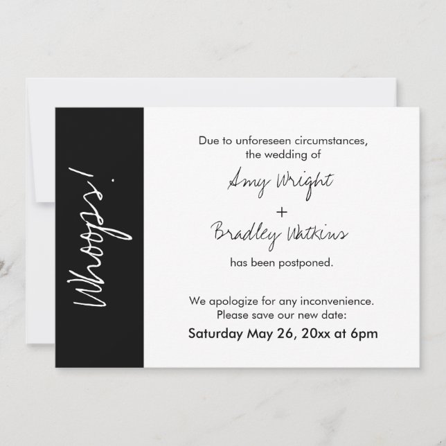 Tarjeta de boda pospuesta ¡Ups! de bloque blanco y (Anverso)