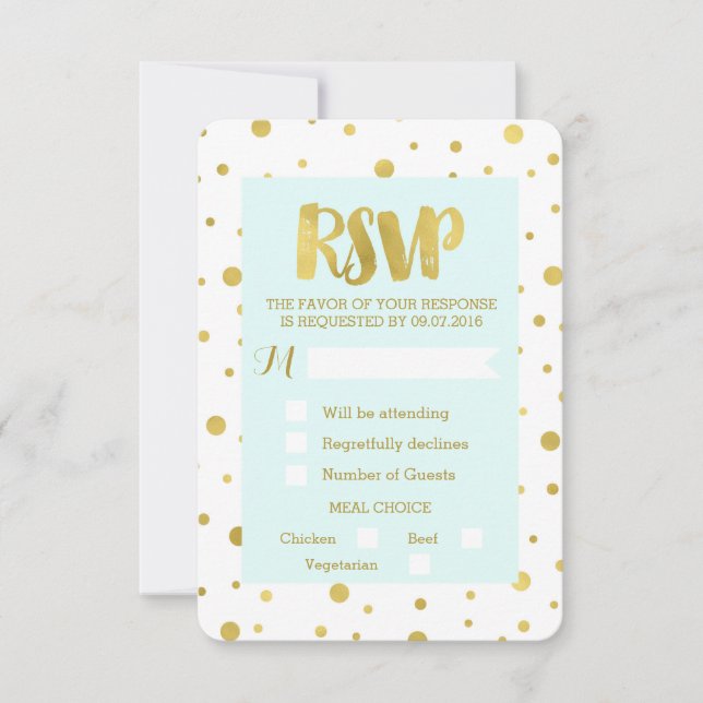 Tarjeta de boda RSVP Confeti Dorado Azul Cielo (Anverso)