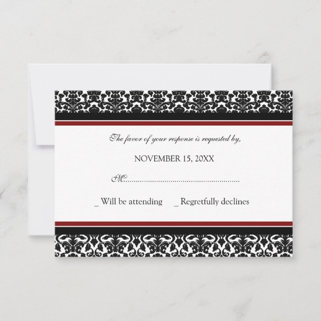 Tarjeta de Boda RSVP de Damask negro rojo (Anverso)