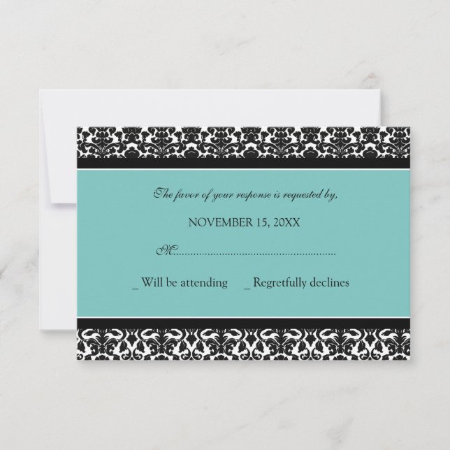 Tarjeta de Boda RSVP de Damask negro verde azulado (Anverso)