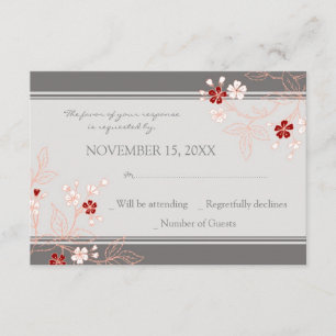 Tarjeta de Boda RSVP floral de color rojo gris cor