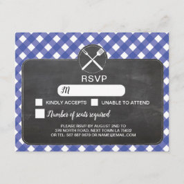 Tarjeta de boda RSVP Gingham Azul Tiza BBQ