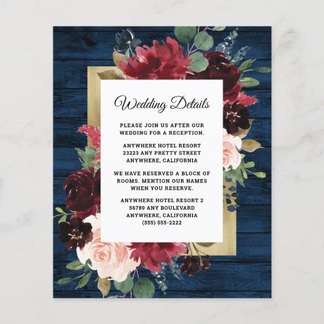 Tarjeta de Boda Rubor Navy Blue Burgundy (Anverso)