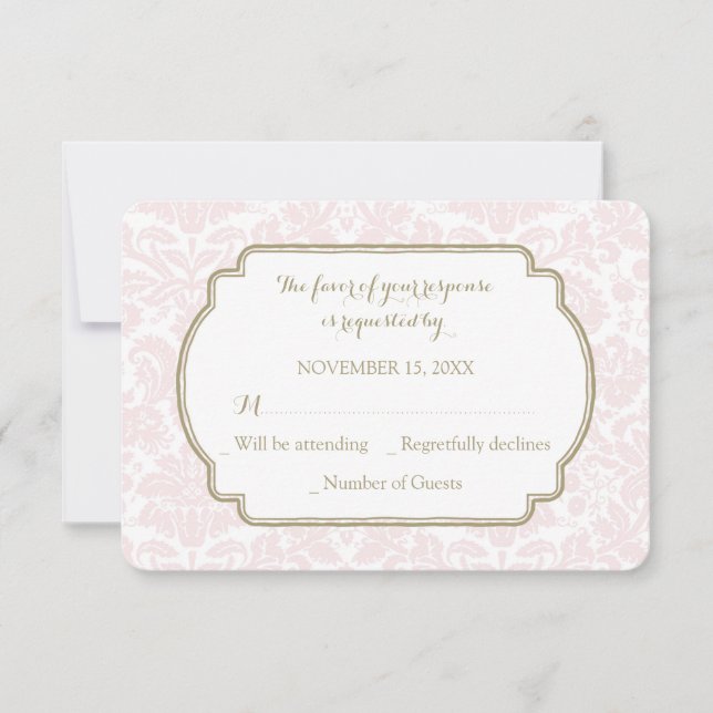 Tarjeta de Boda Rubor Pink Tan Damask RSVP (Anverso)