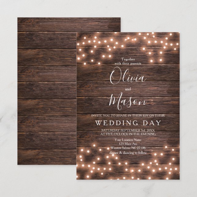 Tarjeta de Boda Rustic String of Lights (Anverso / Reverso)