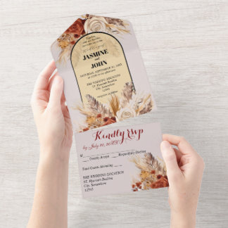 Tarjeta de Boda Rústica Boho con Flores de Otoño T