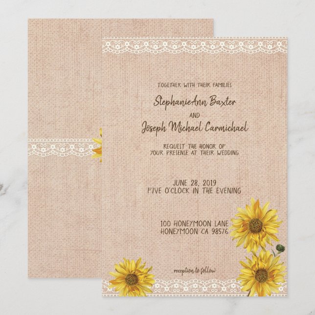Tarjeta de Boda Rústica Lace & Burlap Sunflowers (Anverso / Reverso)