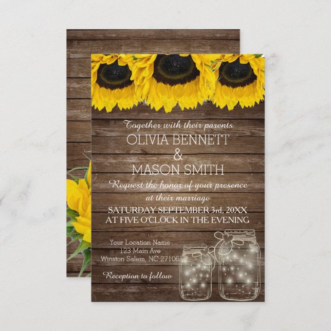 Tarjeta de Boda rustica Mason Jar Sunflower (Anverso / Reverso)