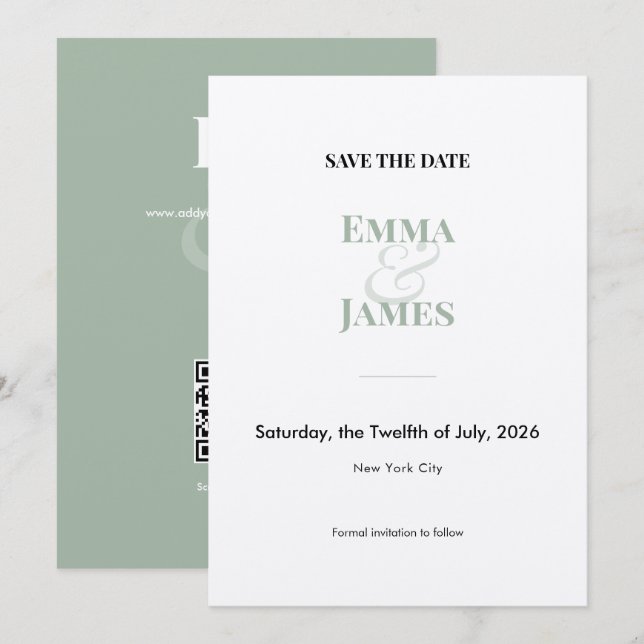 Tarjeta de boda Sage Two-Tone Ampersand Save the D (Anverso / Reverso)