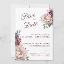 Tarjeta de boda Save the Date con flor púrpura vin
