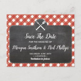 Tarjeta de Boda Save The Date Cuadro Rojo Tiza BBQ